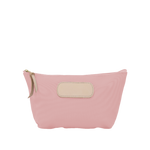 Pink pouch with beige patch and zipper on a white background