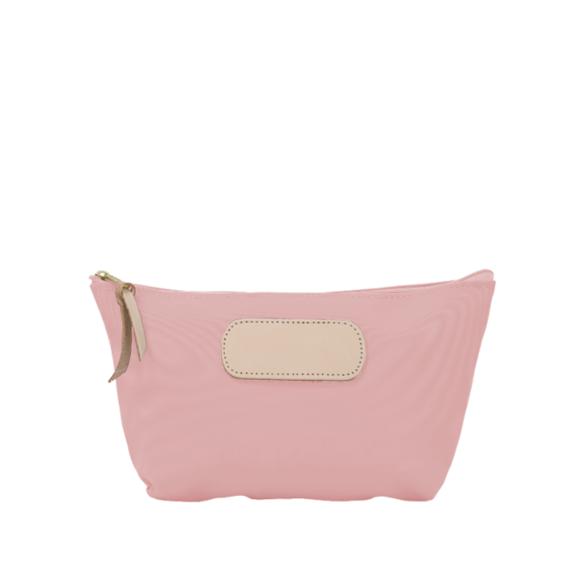 Pink pouch with beige patch and zipper on a white background