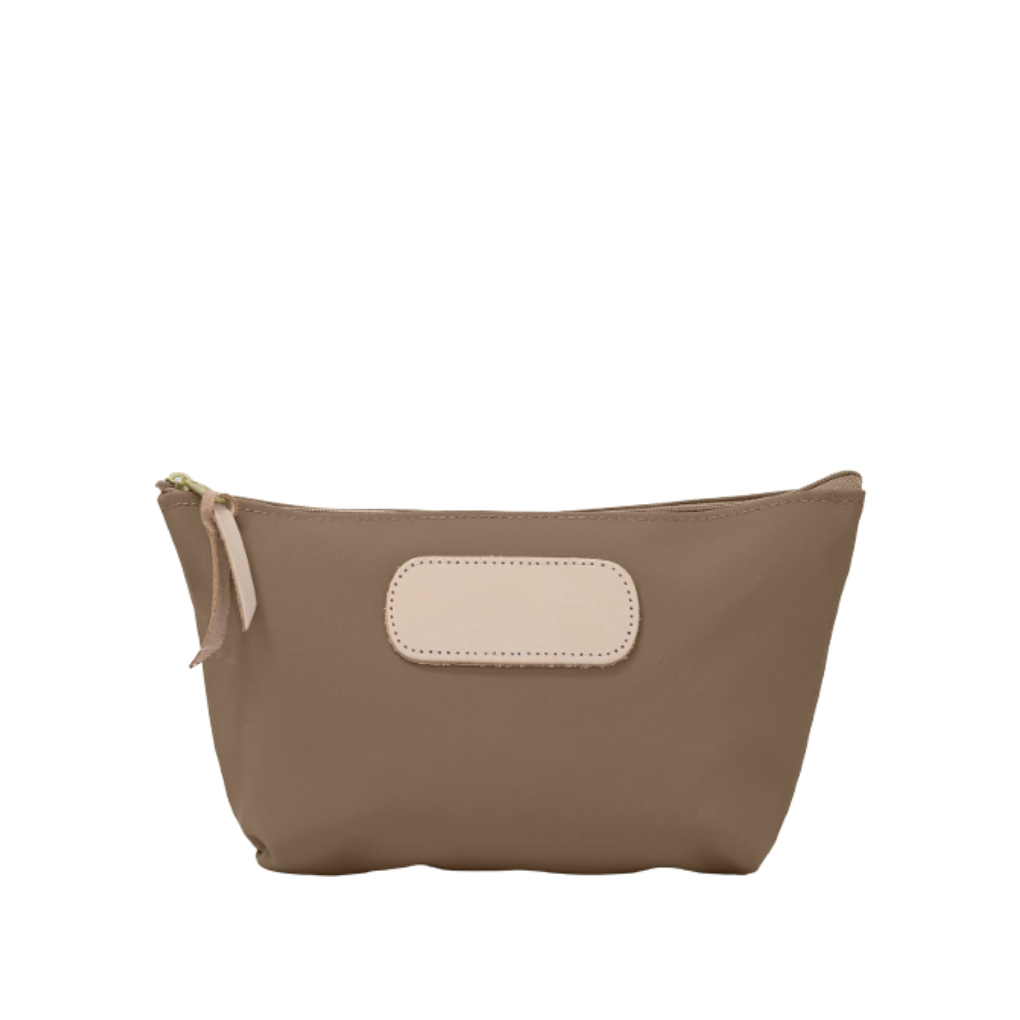 Brown pouch with a beige patch on a white background