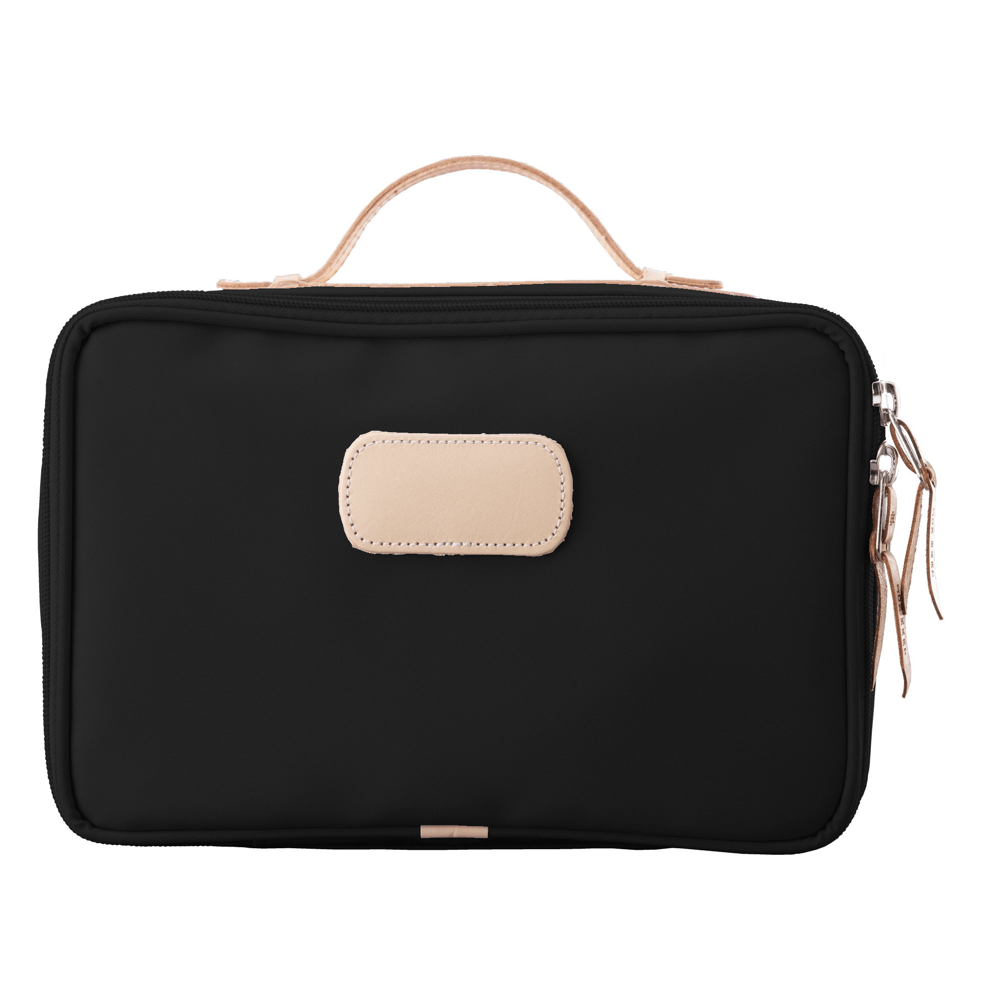 Black toiletry bag with beige handle and patch on a white background