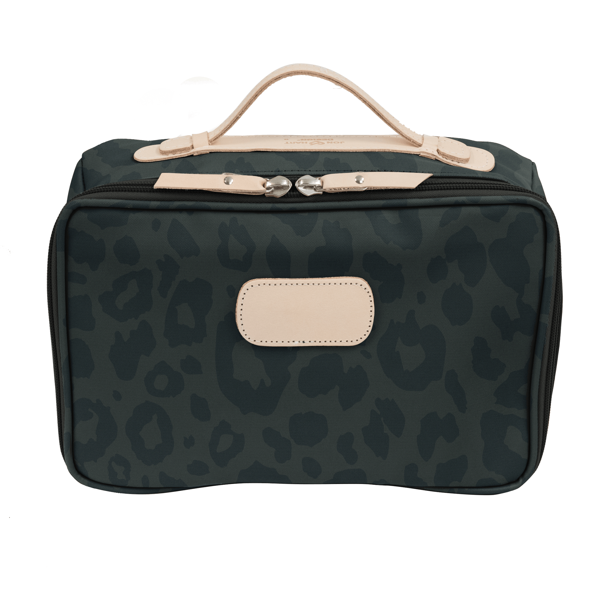 Green leopard print bag with beige accents on a black background