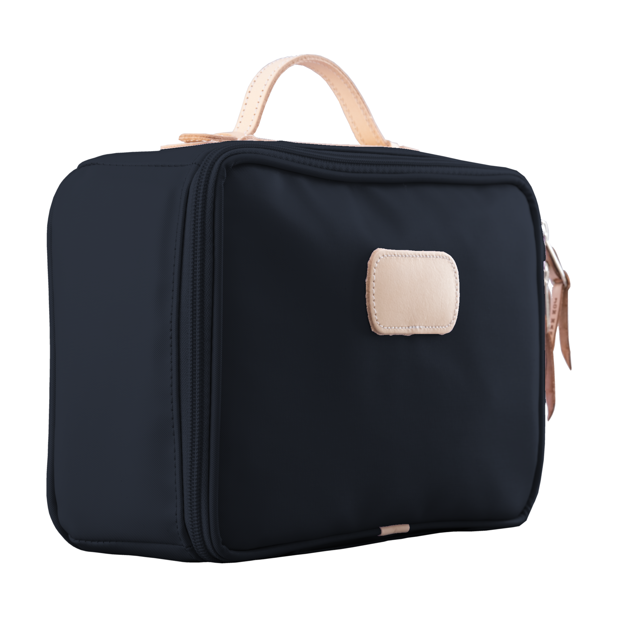 Black toiletry bag with beige accents on a white background