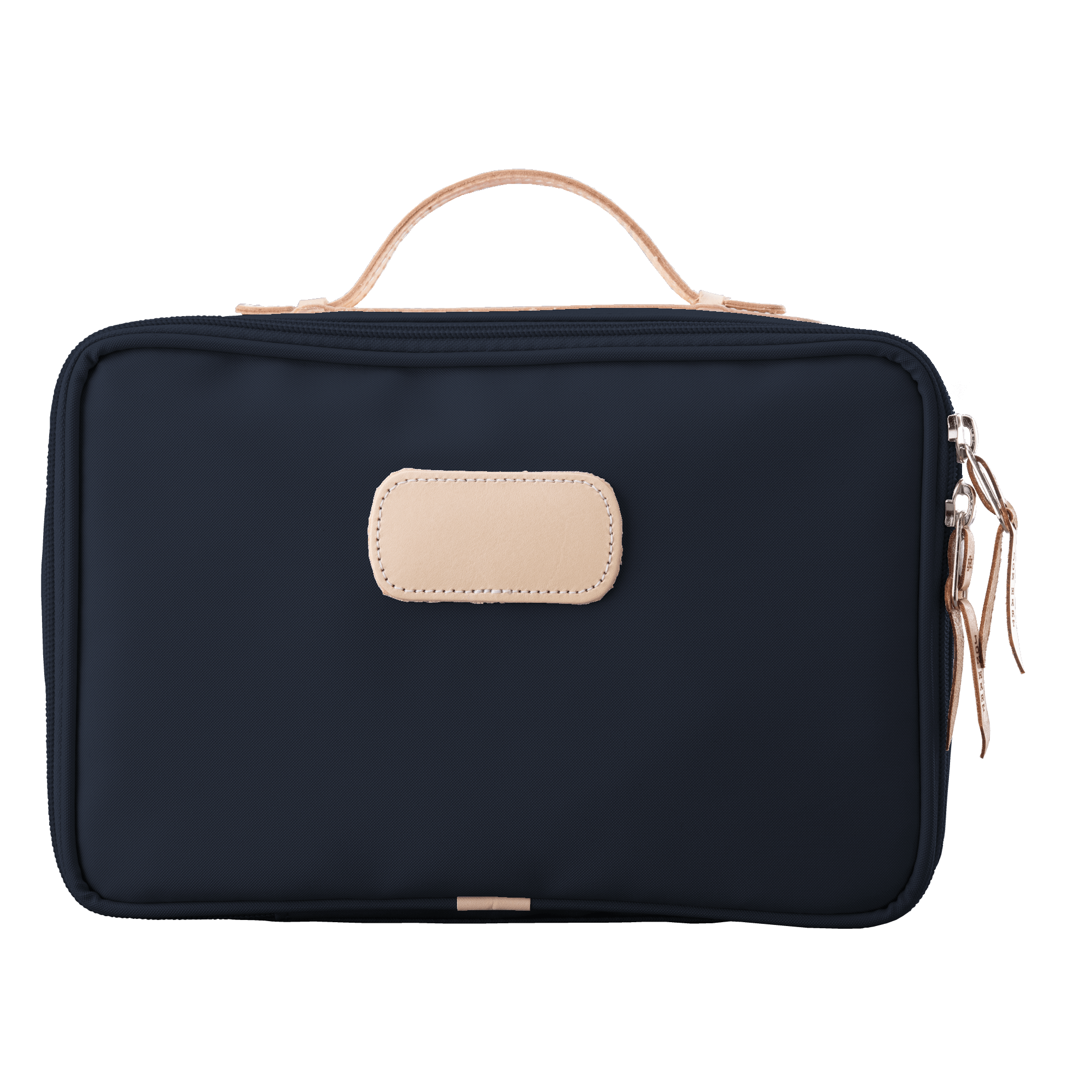 Black toiletry bag with beige handle and patch on a white background