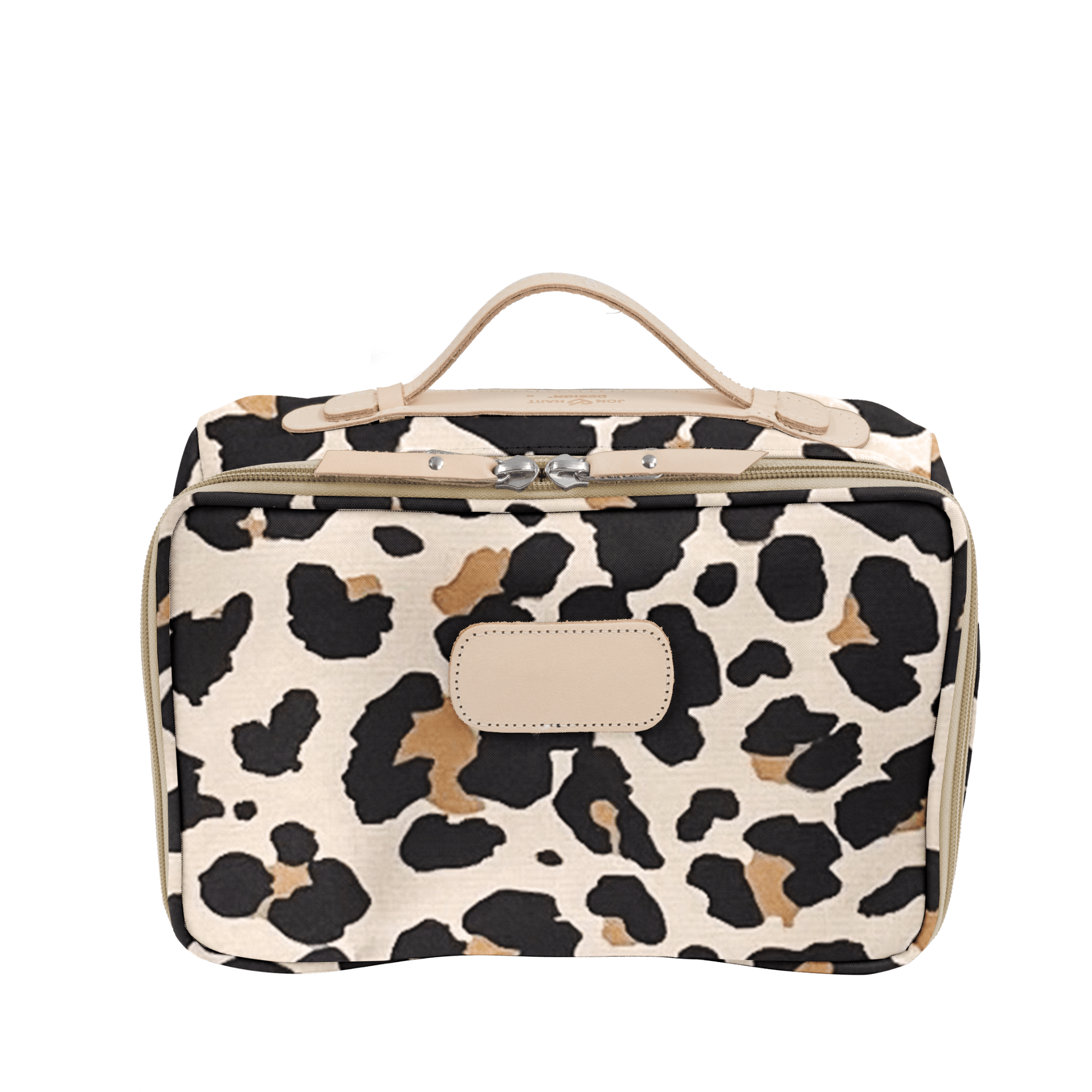 Leopard print toiletry bag with beige handle on a white background
