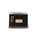 Black cosmetic bag with beige accents on a white background