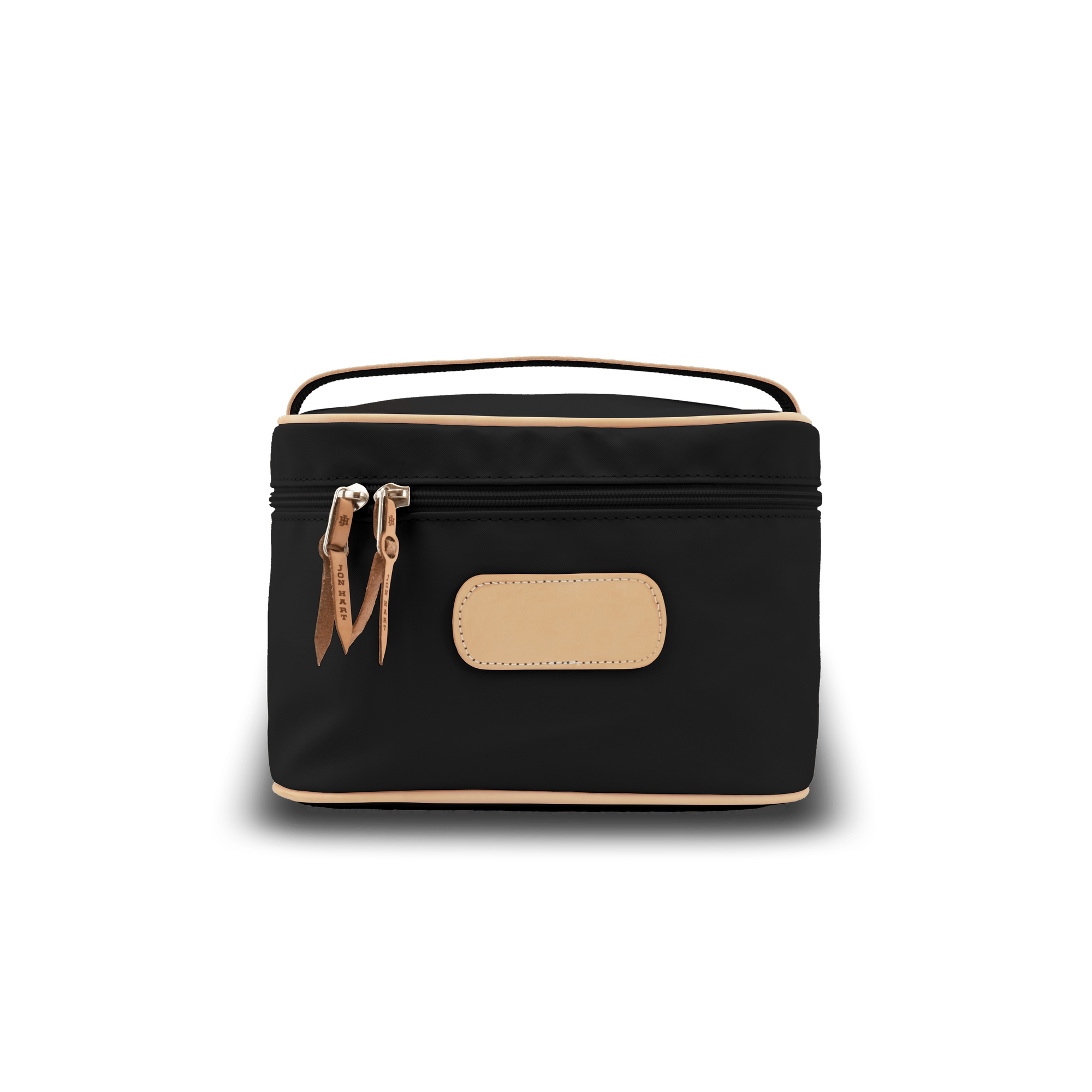 Black cosmetic bag with beige accents on a white background