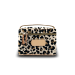 Leopard print cosmetic bag with beige accents on a white background