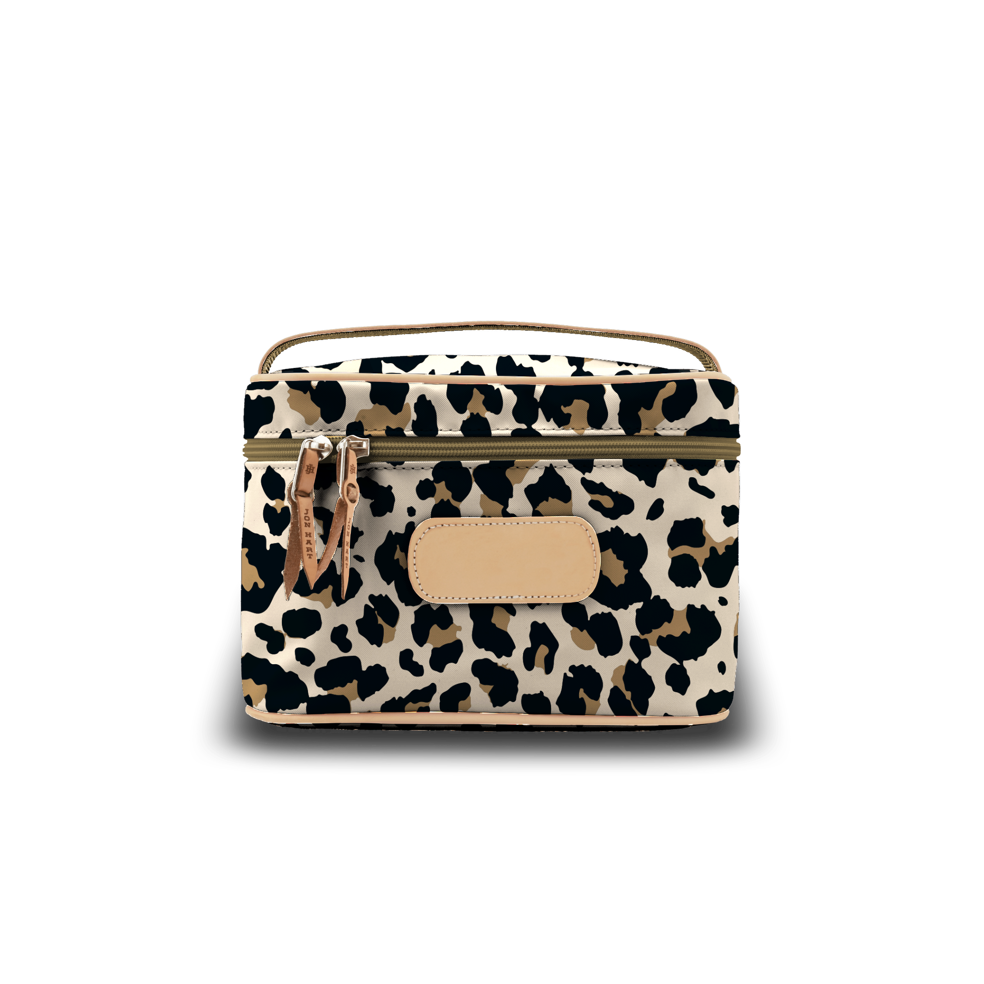 Leopard print cosmetic bag with beige accents on a white background