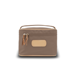 Brown cosmetic bag with a handle on a white background