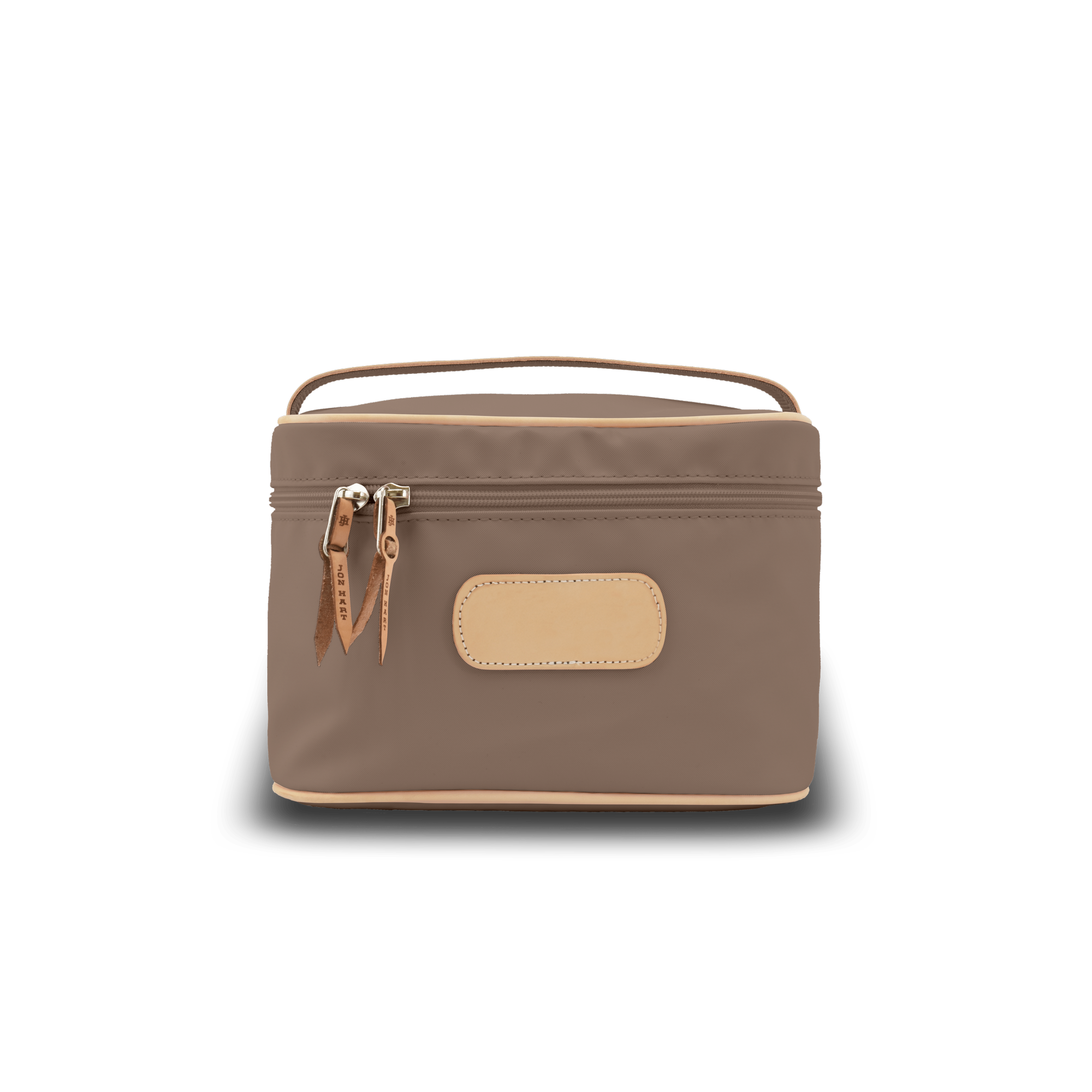 Brown cosmetic bag with a handle on a white background