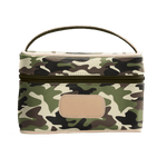 Camouflage-patterned lunch bag with a beige patch on a black background