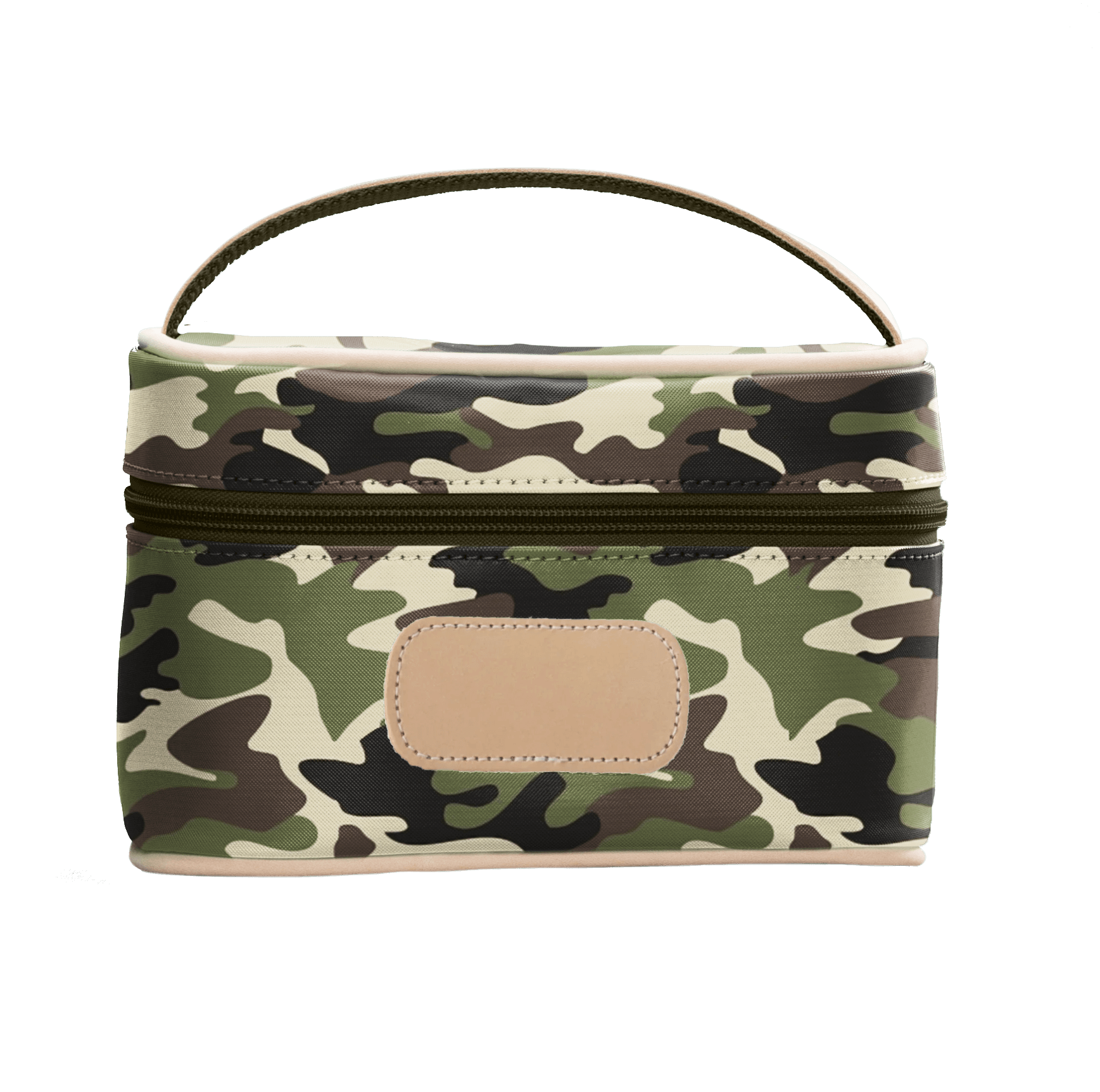 Camouflage-patterned lunch bag with a beige patch on a black background