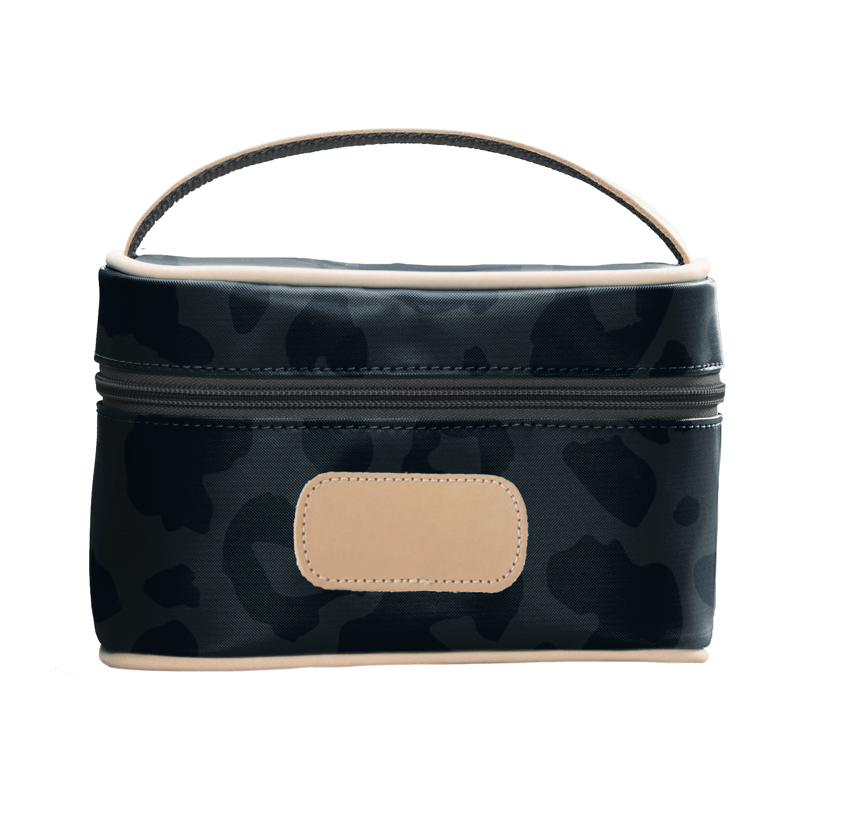 Camouflage-patterned cosmetic bag with a beige patch on a black background