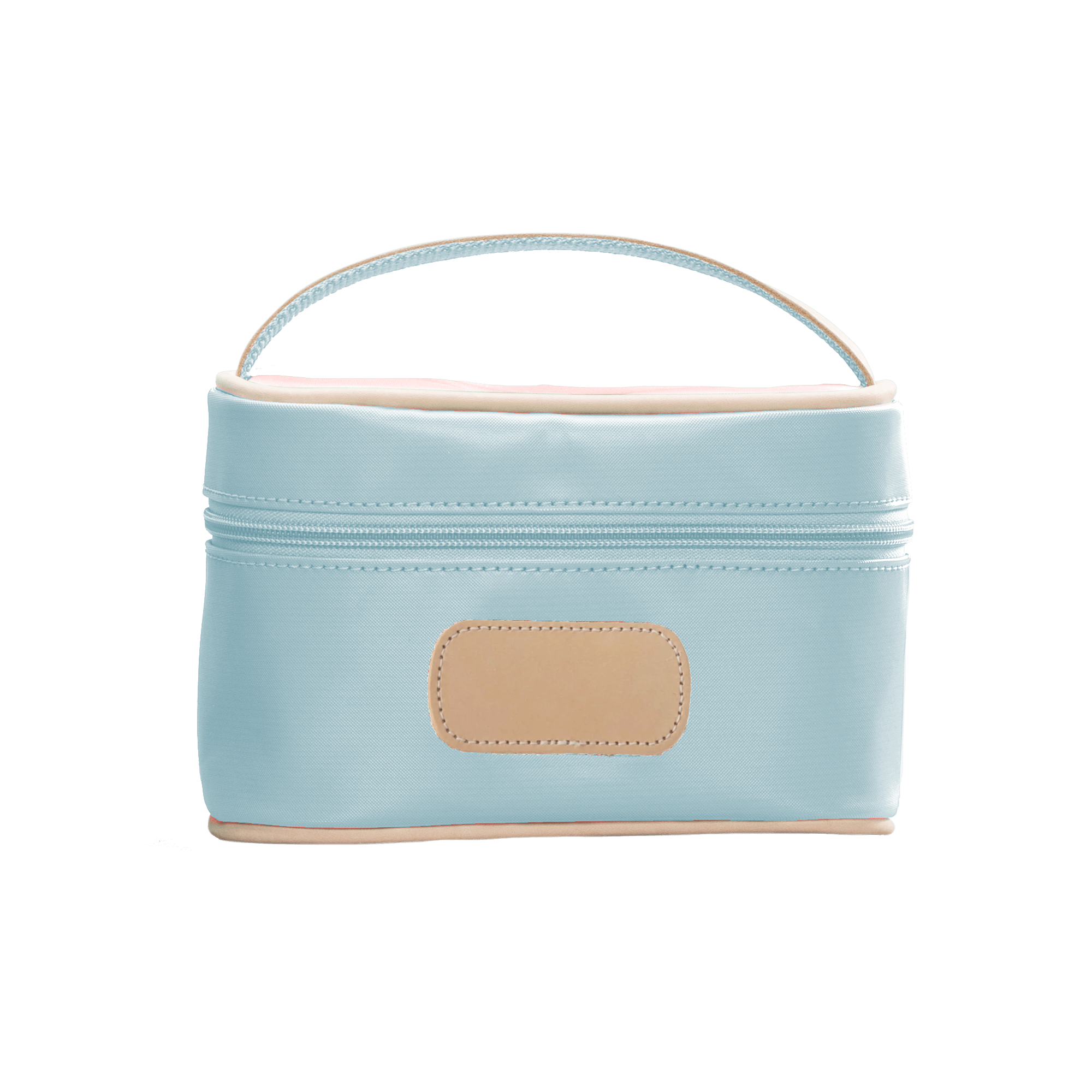 Light blue cosmetic bag with beige handle and patch on a white background