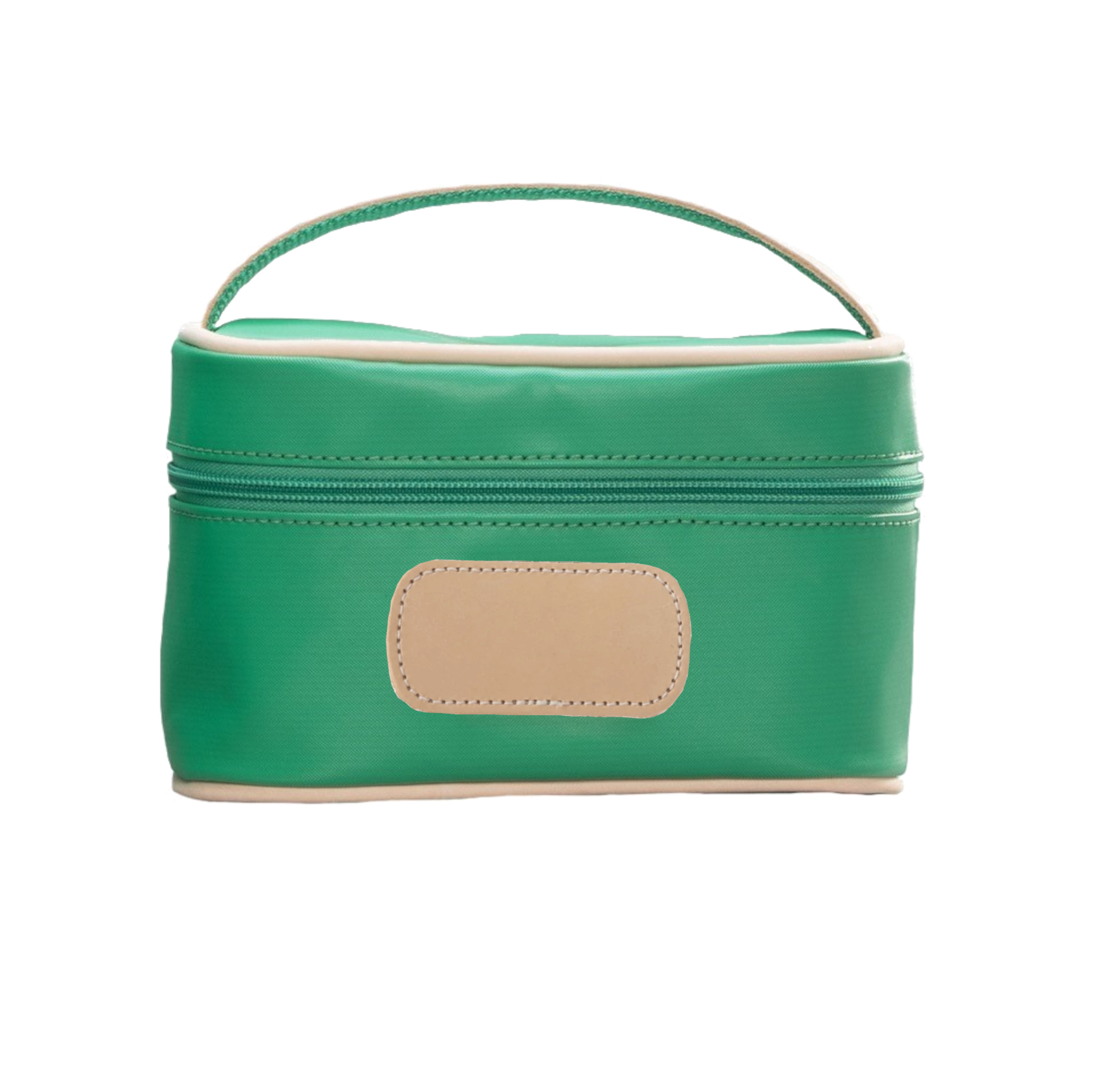 Green cosmetic bag with beige handle and patch on a white background