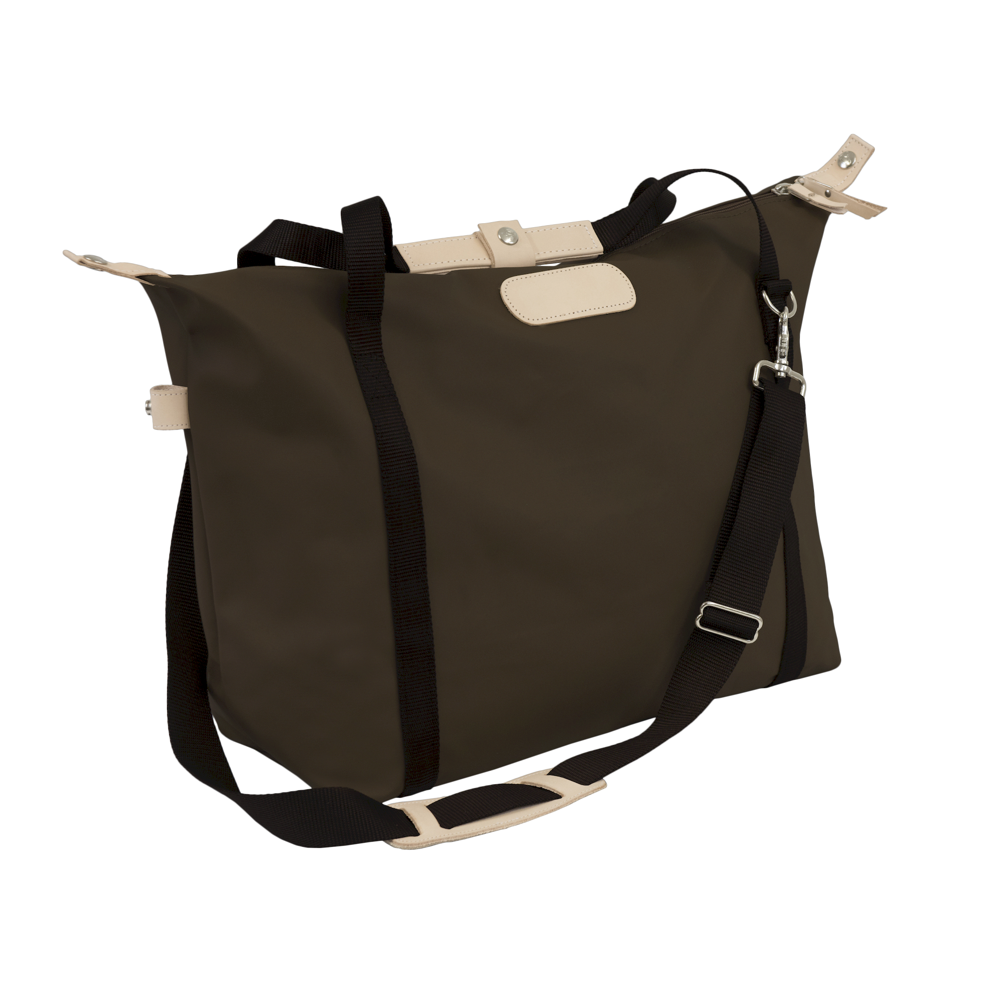 Brown bag with black straps on a white background