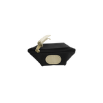 Black pouch with beige strap and patch on a white background