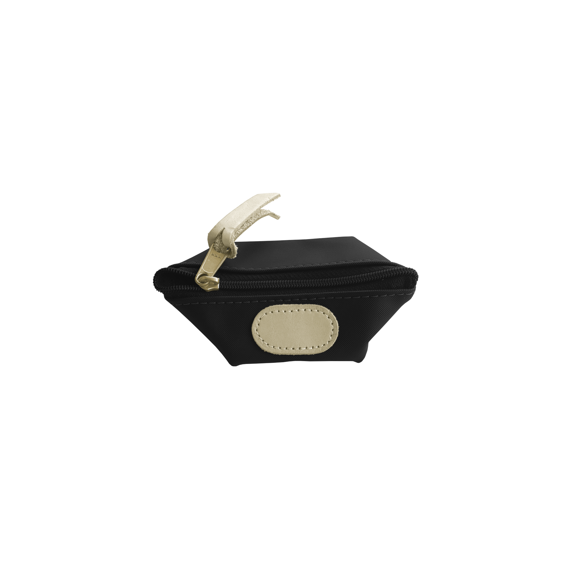 Black pouch with beige strap and patch on a white background