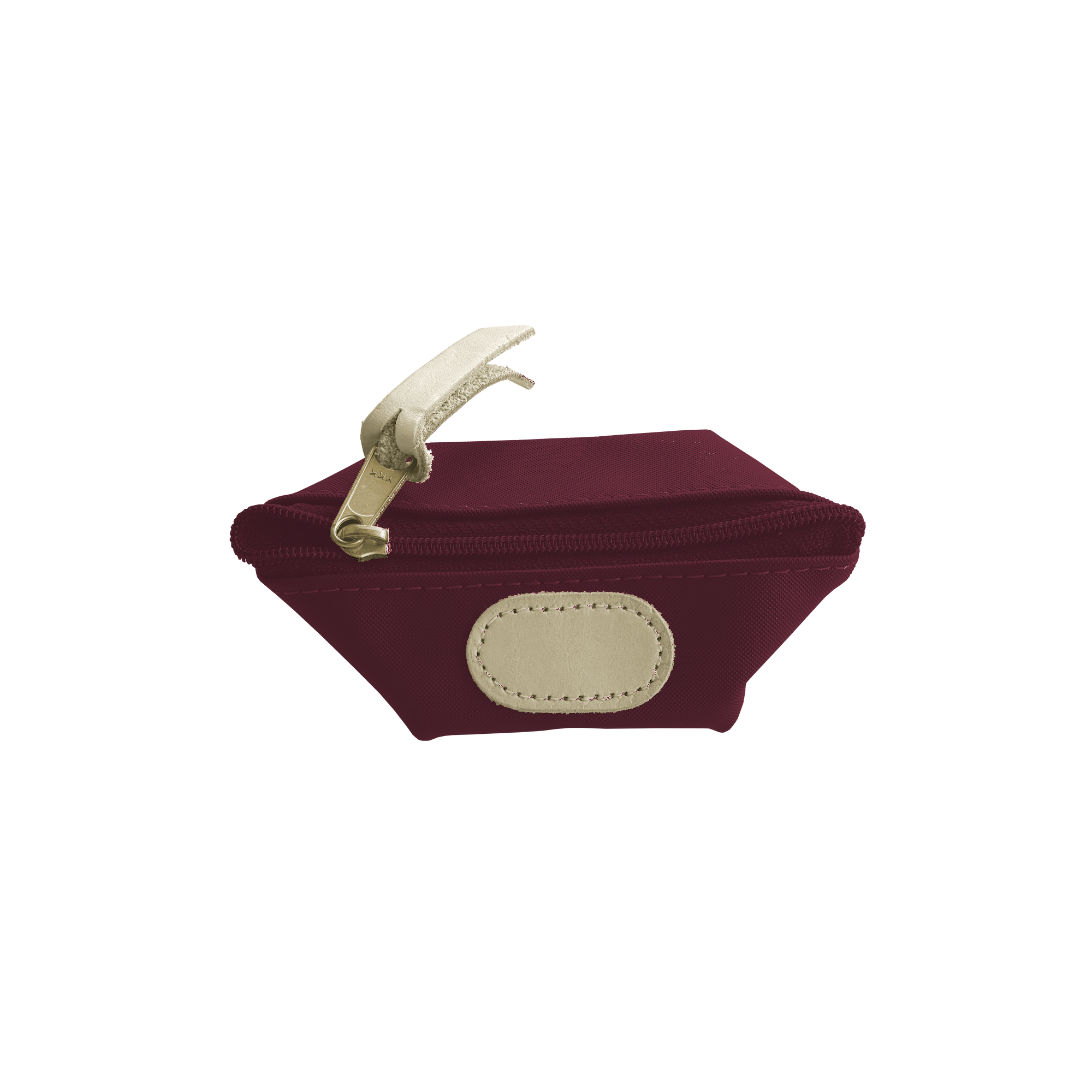 Maroon pouch with beige strap and patch on a white background