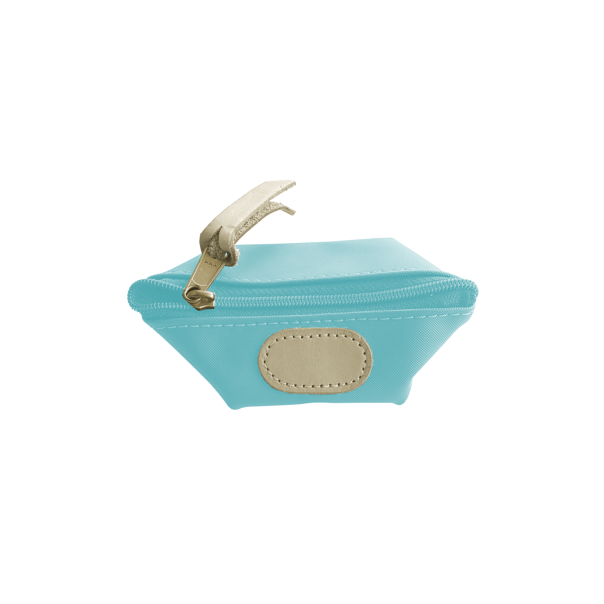 Small turquoise pouch with gold zipper and patch on a white background