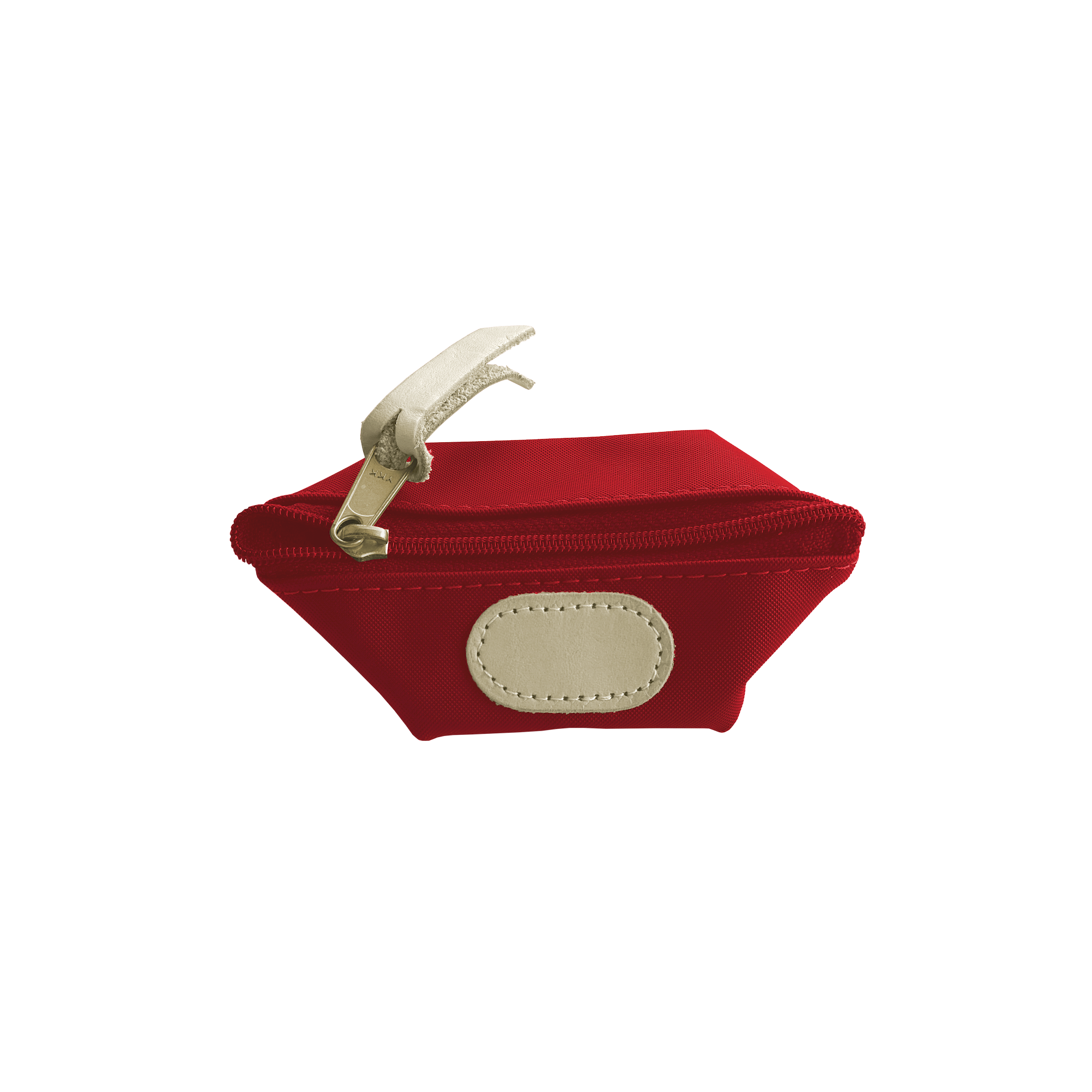 Red pouch with beige zipper and patch on a white background