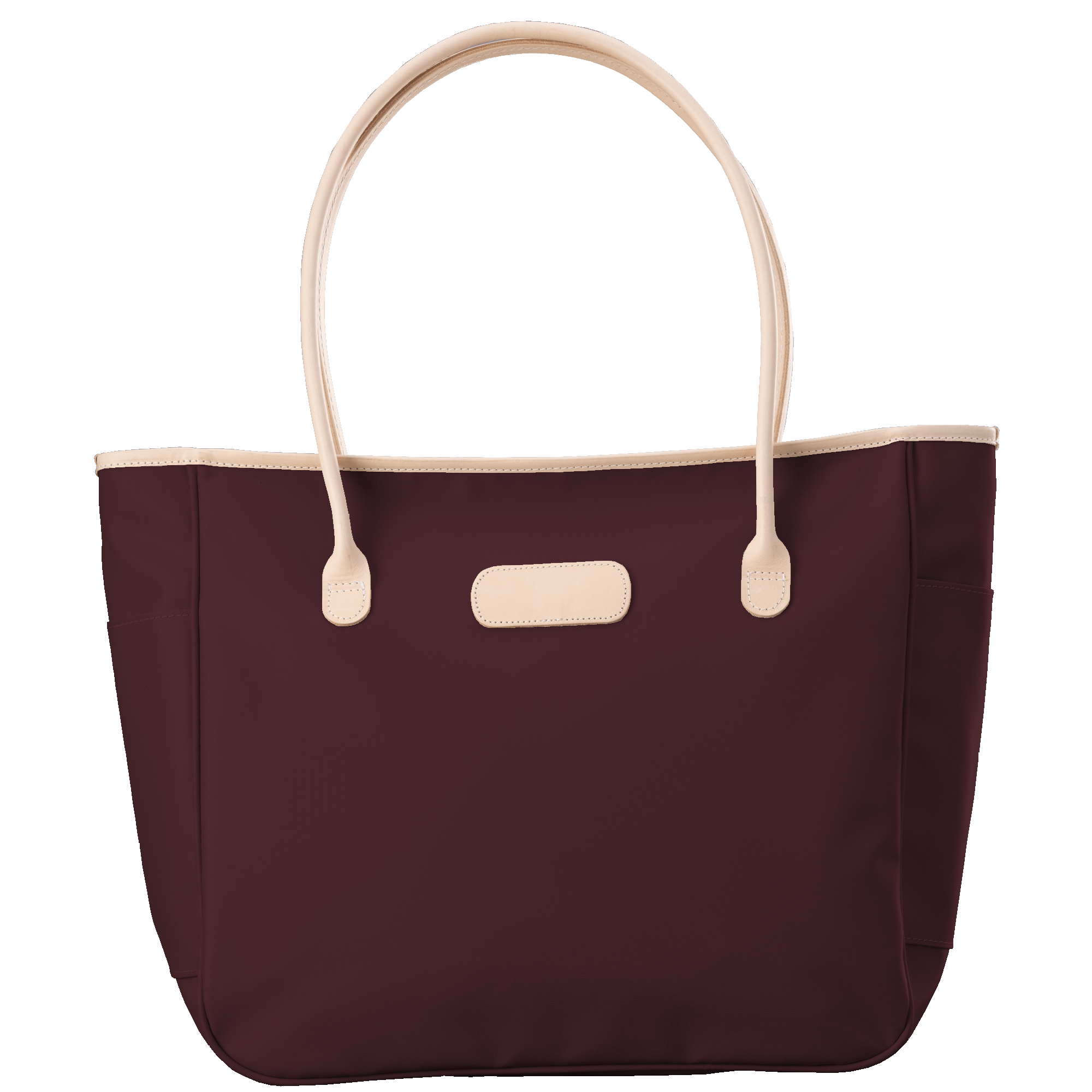 Maroon tote bag with beige handles and trim on a transparent background