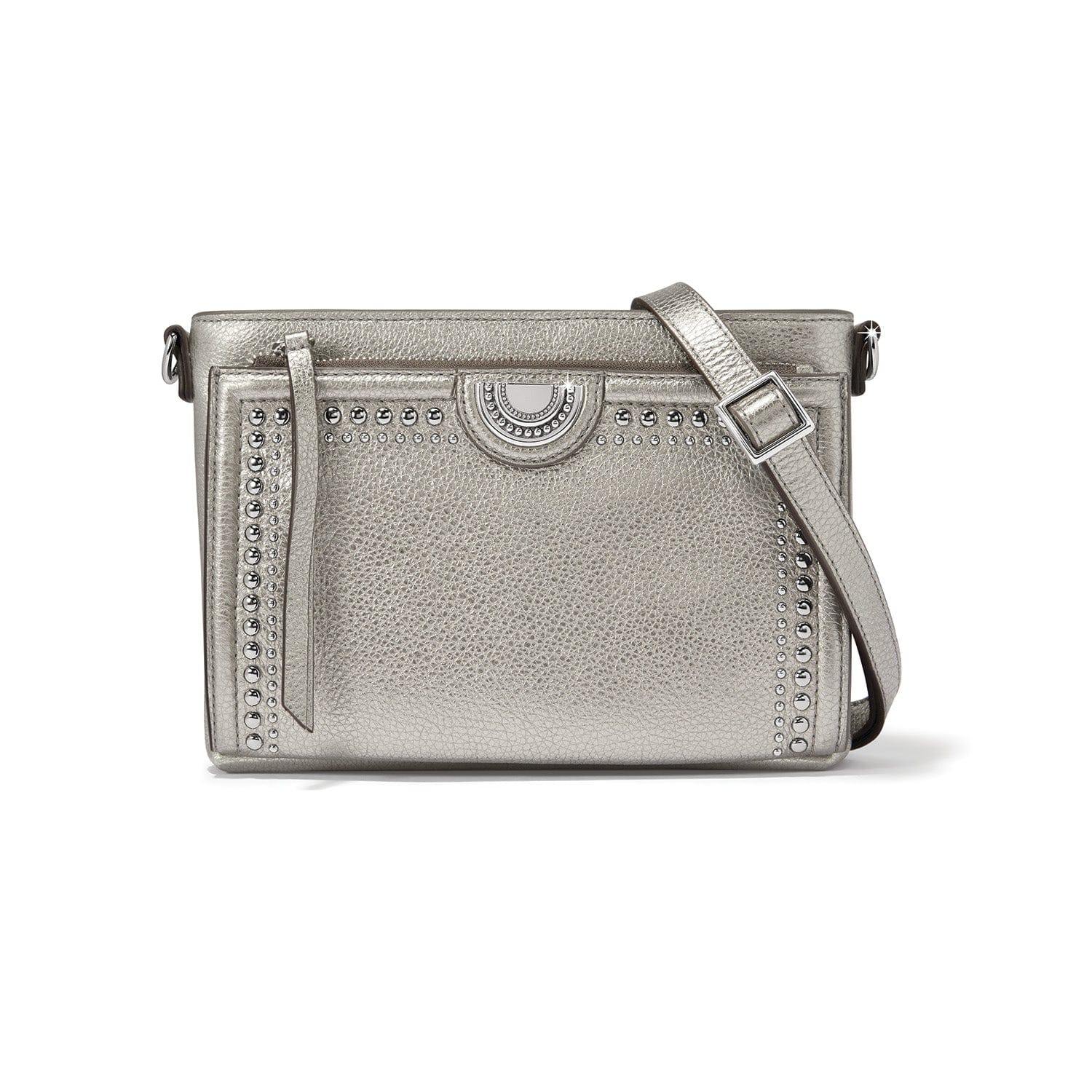 Silver handbag with studded details on a white background