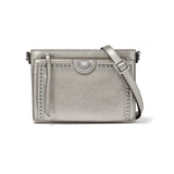 Silver handbag with studded details on a white background