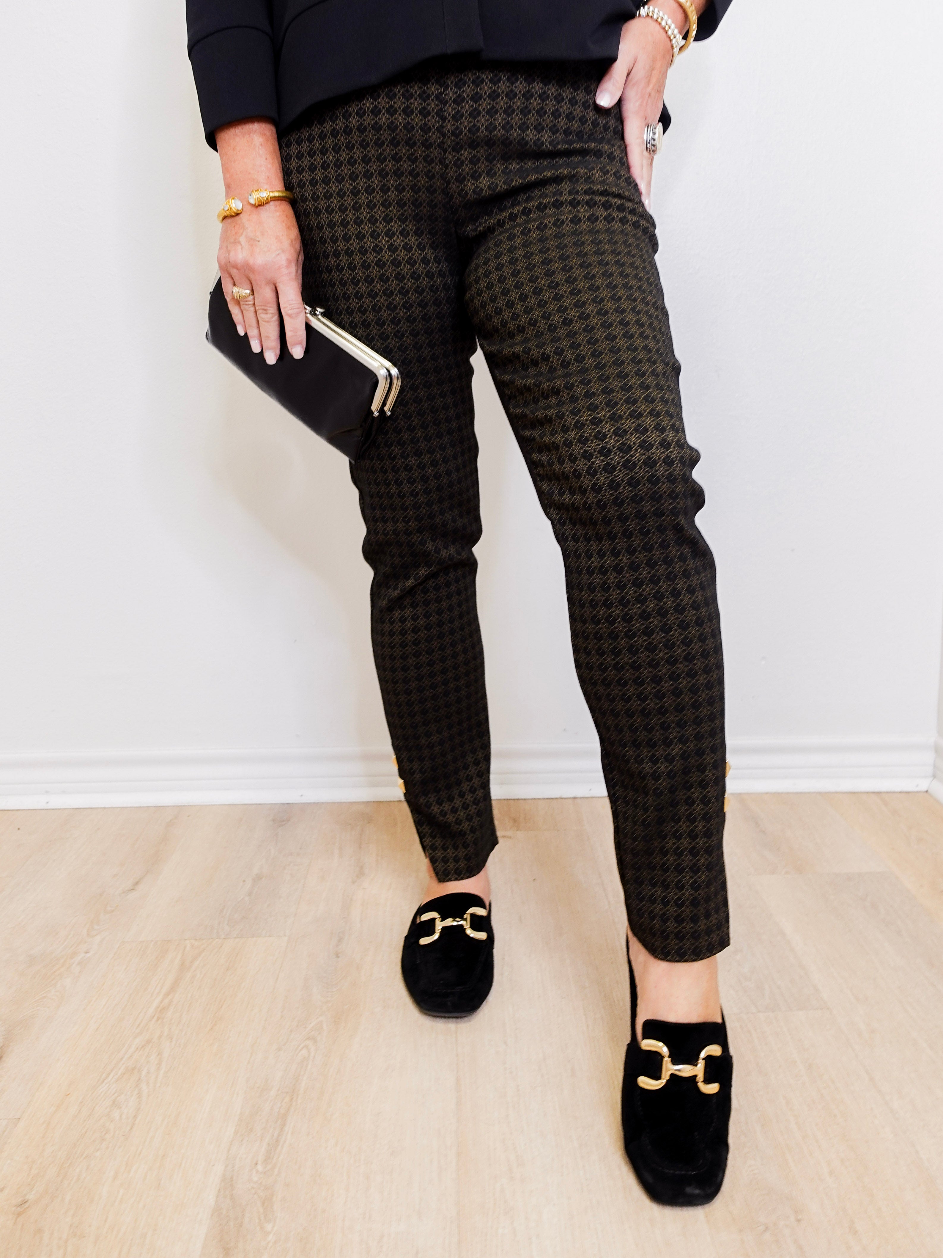 Woman wearing Joseph Ribkoff geometric straight pull-on pant against white background.