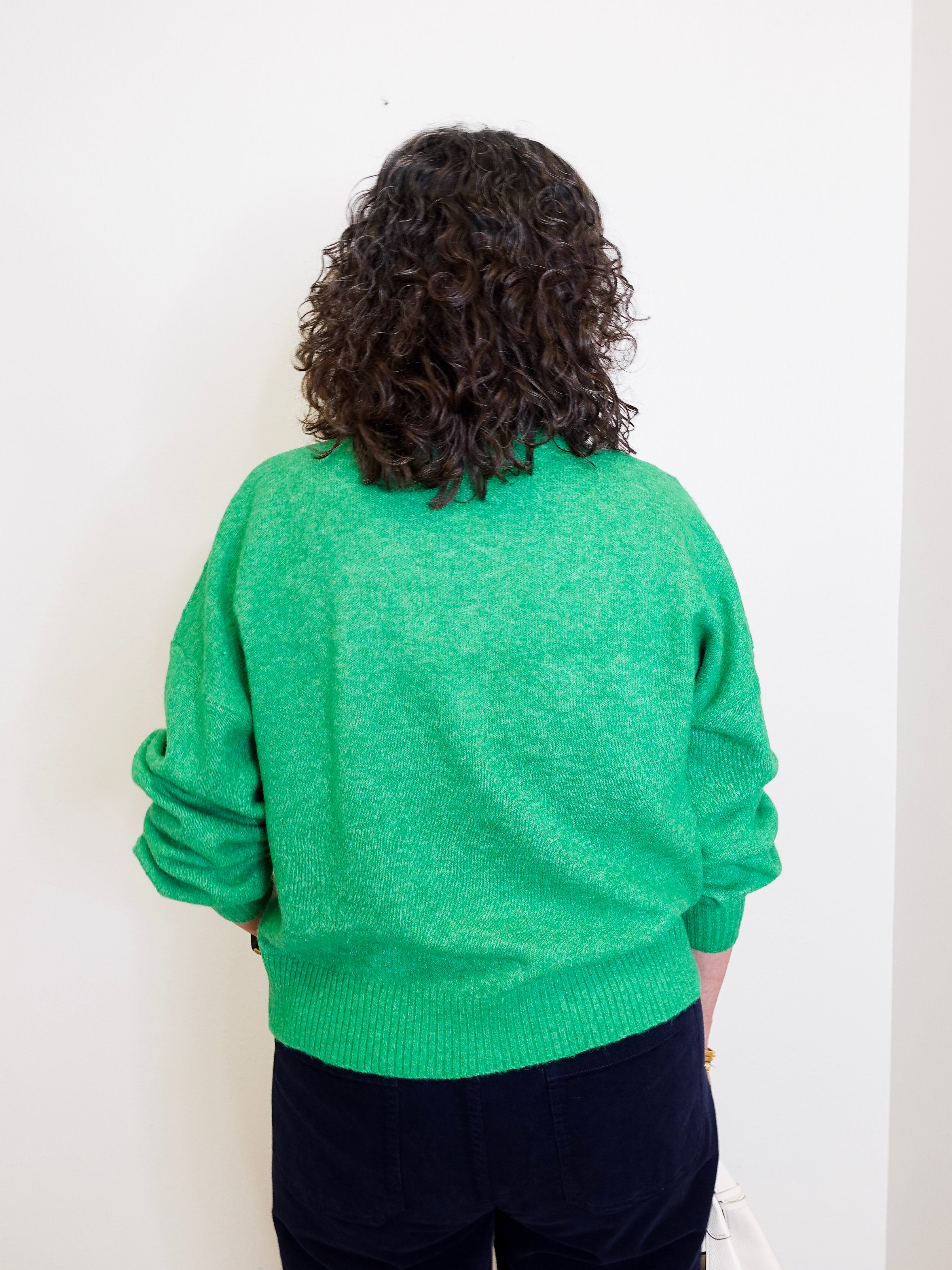 Person wearing a green sweater against a white wall