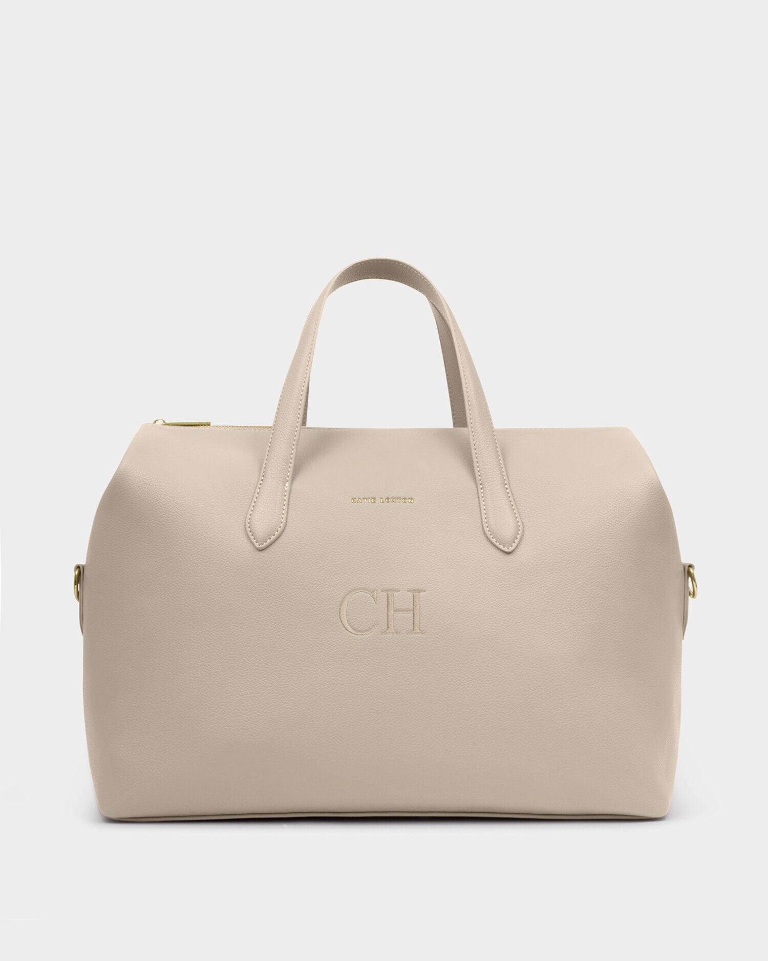 Beige handbag with gold accents on a white background