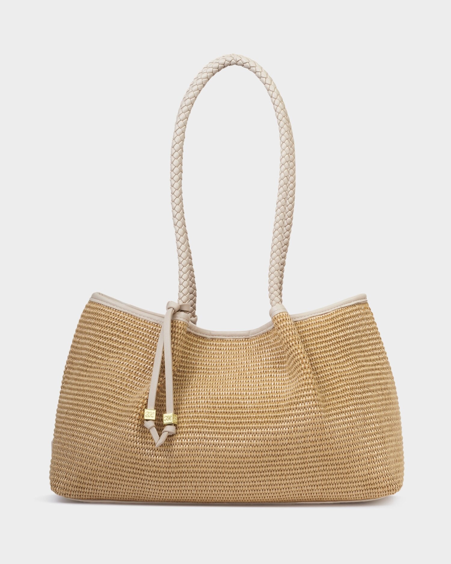 Woven handbag with rope handle on a white background