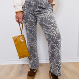 Person wearing leopard print pants with a white background