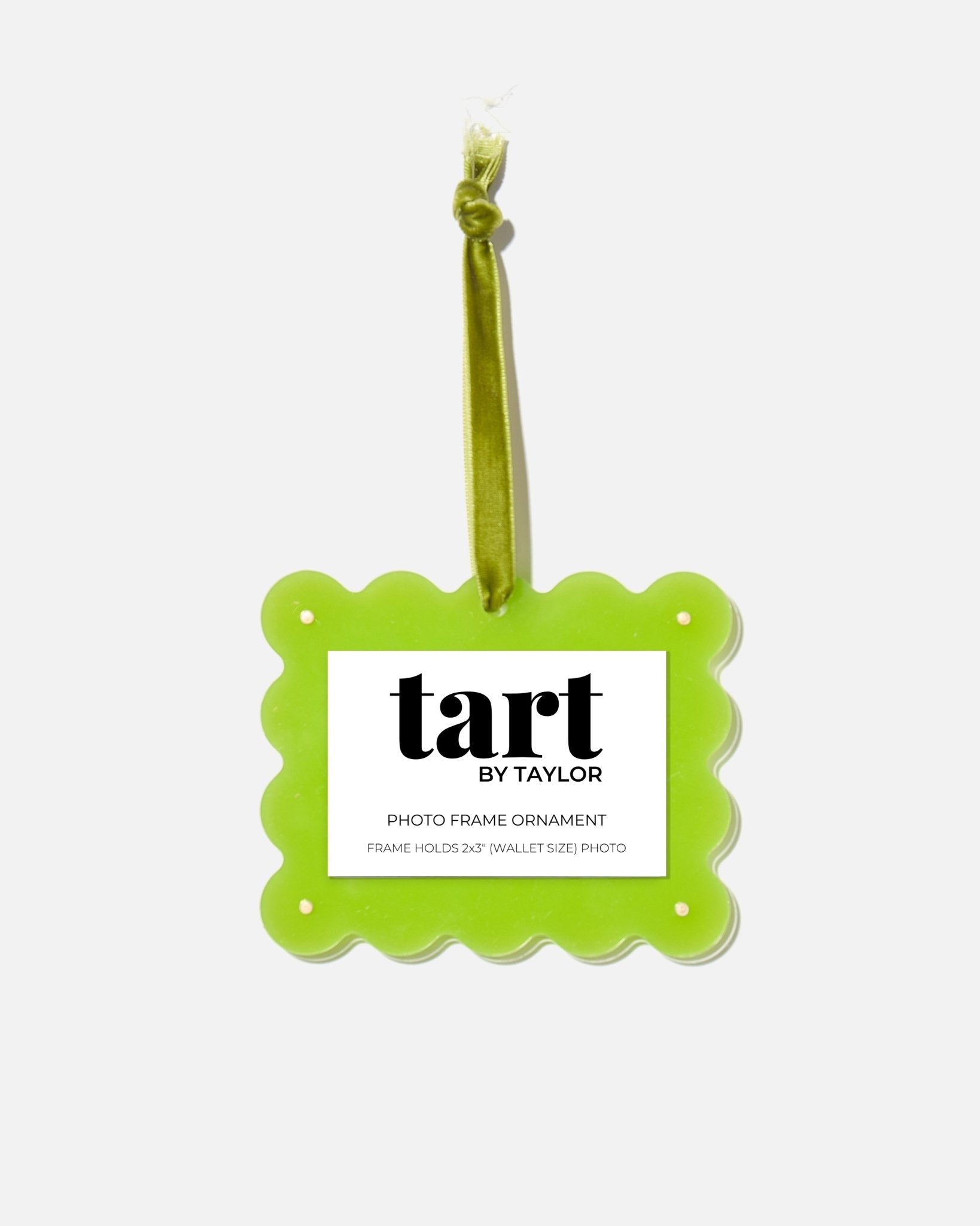 Green photo frame ornament with 'tart by Taylor' branding on a white background