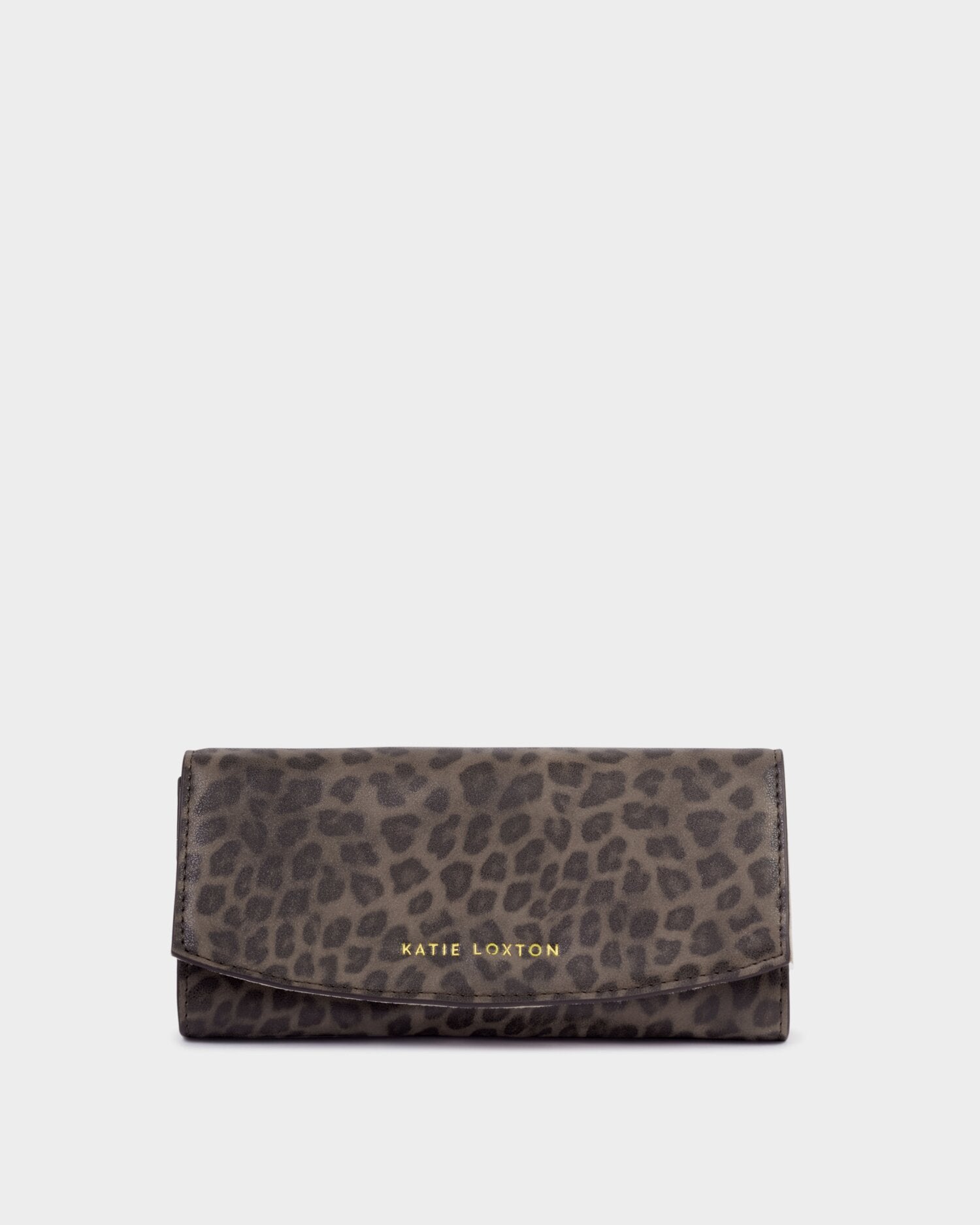 Leopard print wallet with 'Katie Loxton' branding on a light gray background