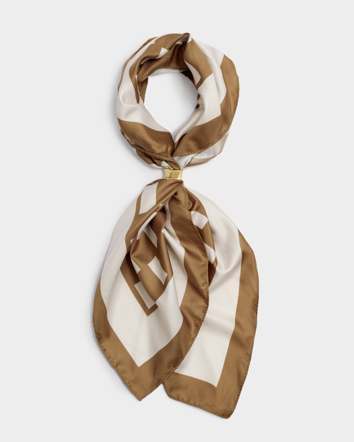 Patterned scarf with brown and white colors on a light gray background