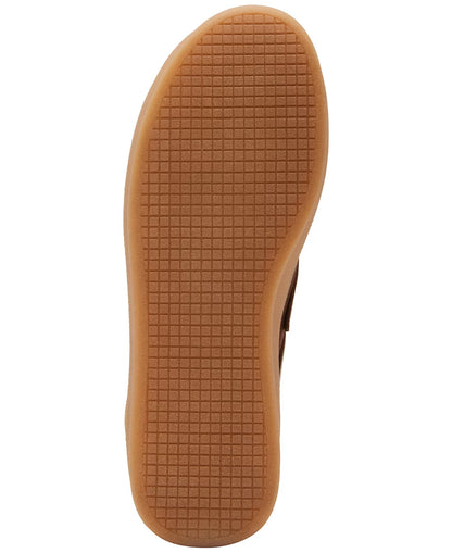 Brown sole of a shoe with a textured surface on a white background