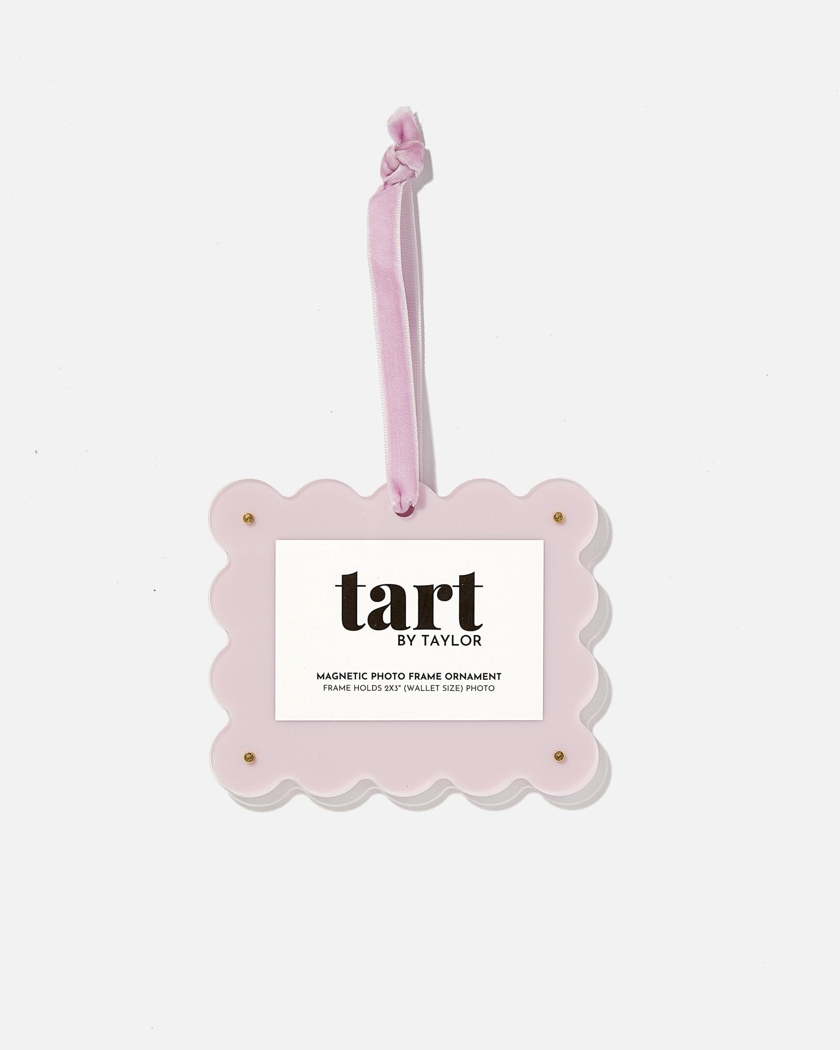 Pink photo frame ornament with 'tart by Taylor' branding on a white background