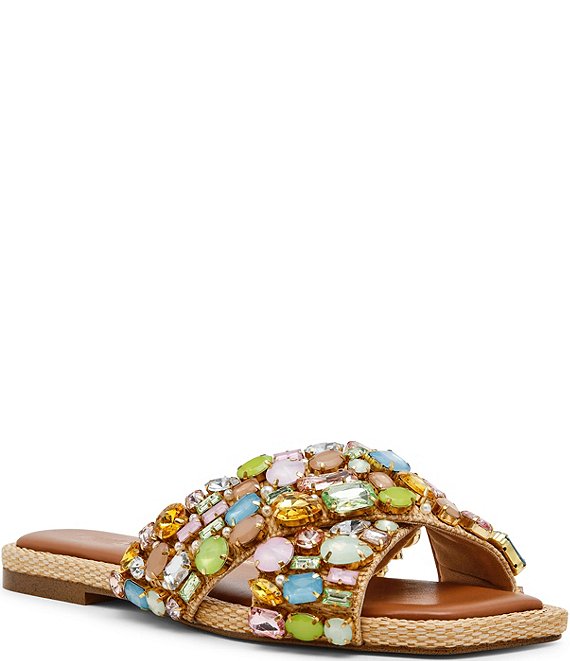 Multicolored jeweled sandal on a white background