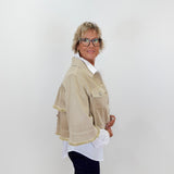 Person wearing a beige jacket with white trim on a plain background
