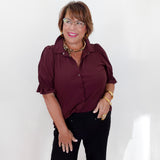 Elbow Puff Sleeve Snap Front Shirt