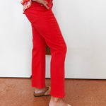 Person wearing red pants and a colorful top on a plain background