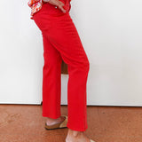 Person wearing red pants and a colorful top on a plain background