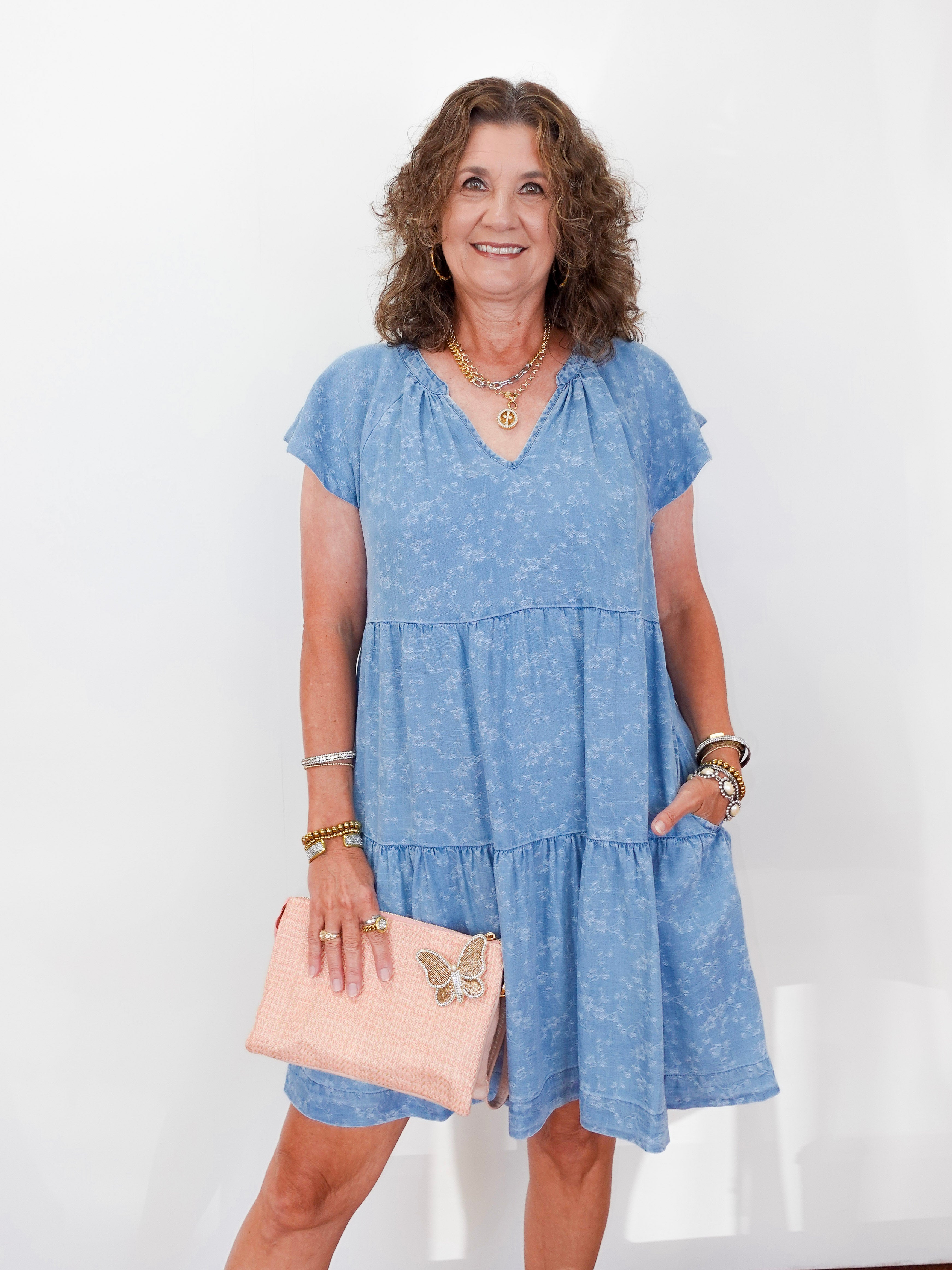 Liverpool Tiered Flutter Sleeve Dress XS / Indigo Roses