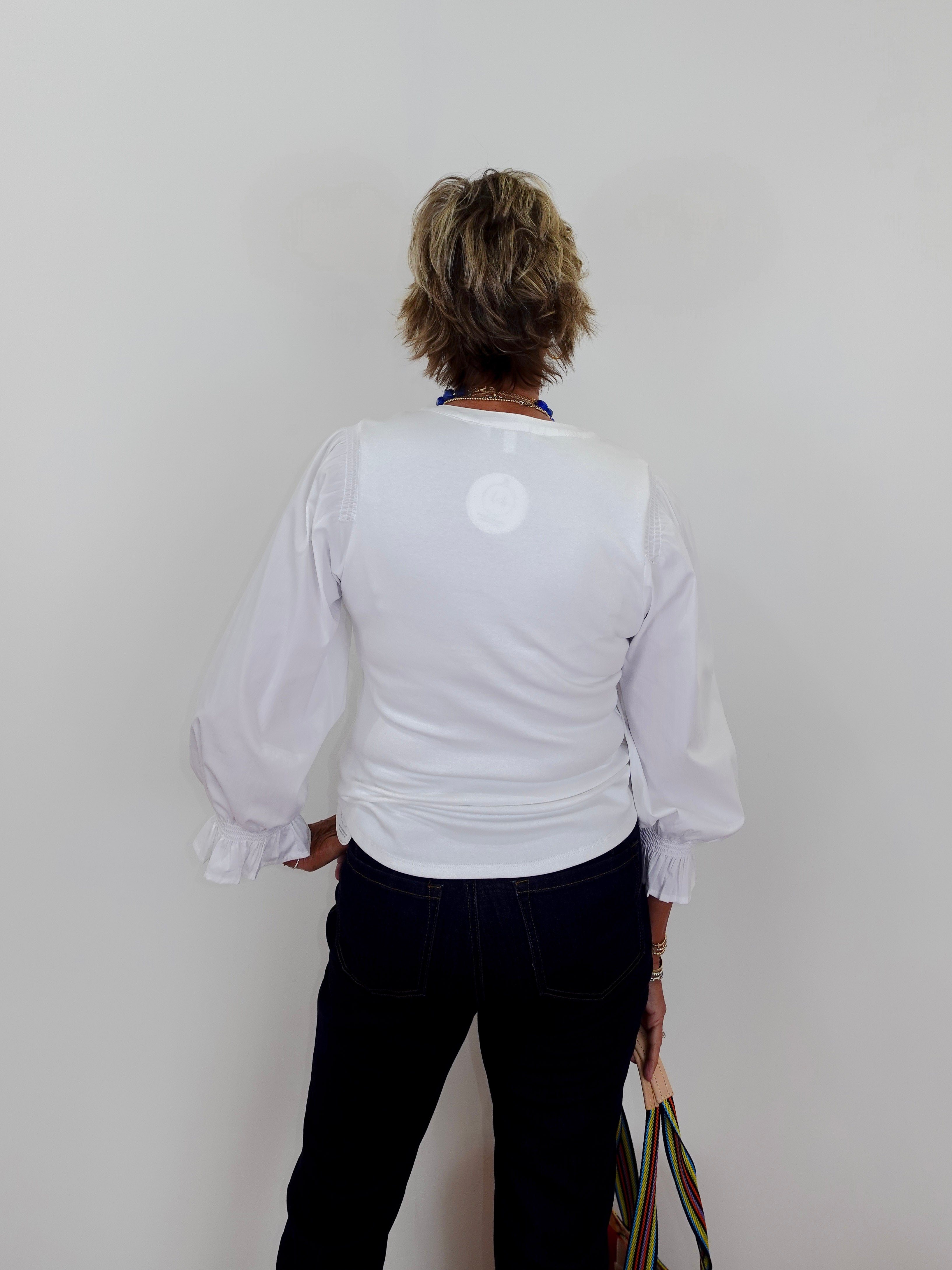 Person wearing a white blouse with puffed sleeves against a plain background