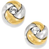 Pair of gold and silver earrings with clear gemstones on a white background