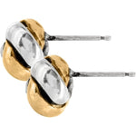 Pair of gold and silver earrings on a white background
