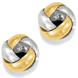 Pair of gold and silver knot-shaped earrings on a white background