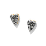 Heart-shaped earrings with diamond accents on a white background