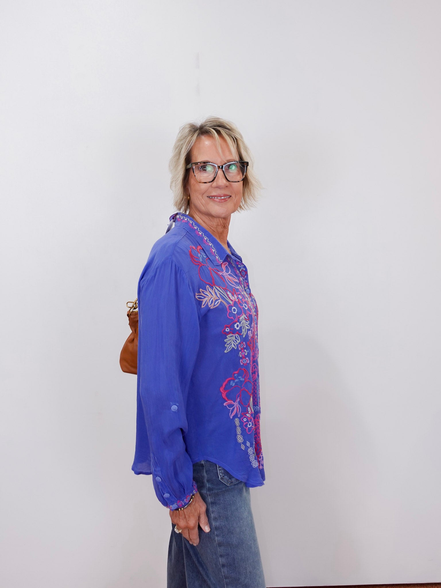 womens luisa shirt with embroidered design styled for everyday wear